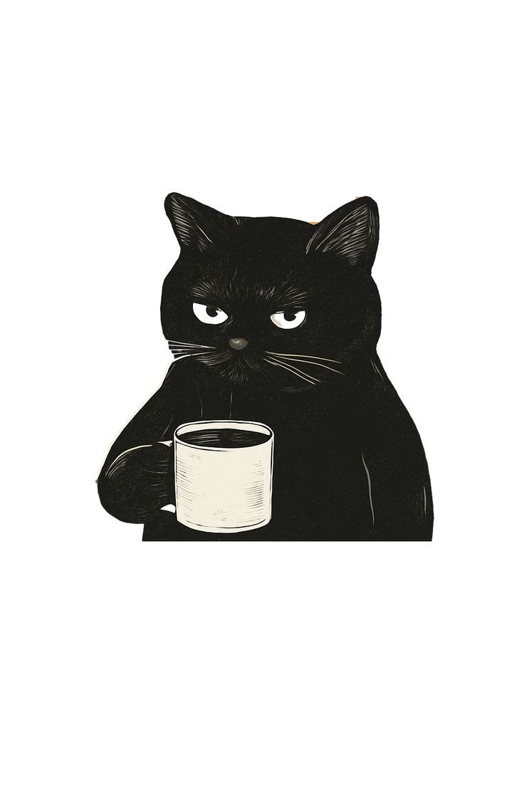 A grumpy black cat clutching a comforting cup of coffee.