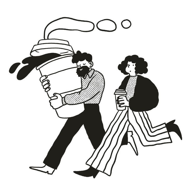Two illustrated friends, one carrying a wonderfully oversized coffee.