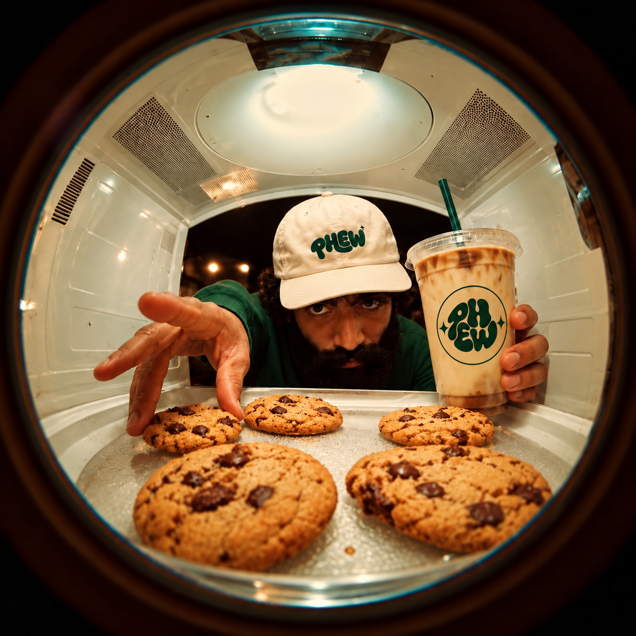 Fresh cookies and an iced PHEW coffee, seen from inside the oven.